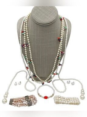 Lot of 7 Faux & Genuine Pearl Necklaces, Bracelets & Earrings